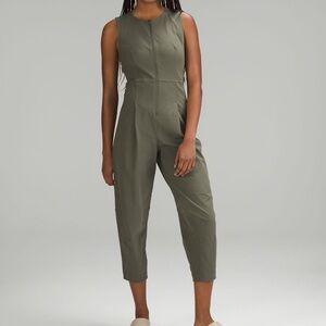 Lululemon Warpstreme Zip-Front Jumpsuit in an olive green color.